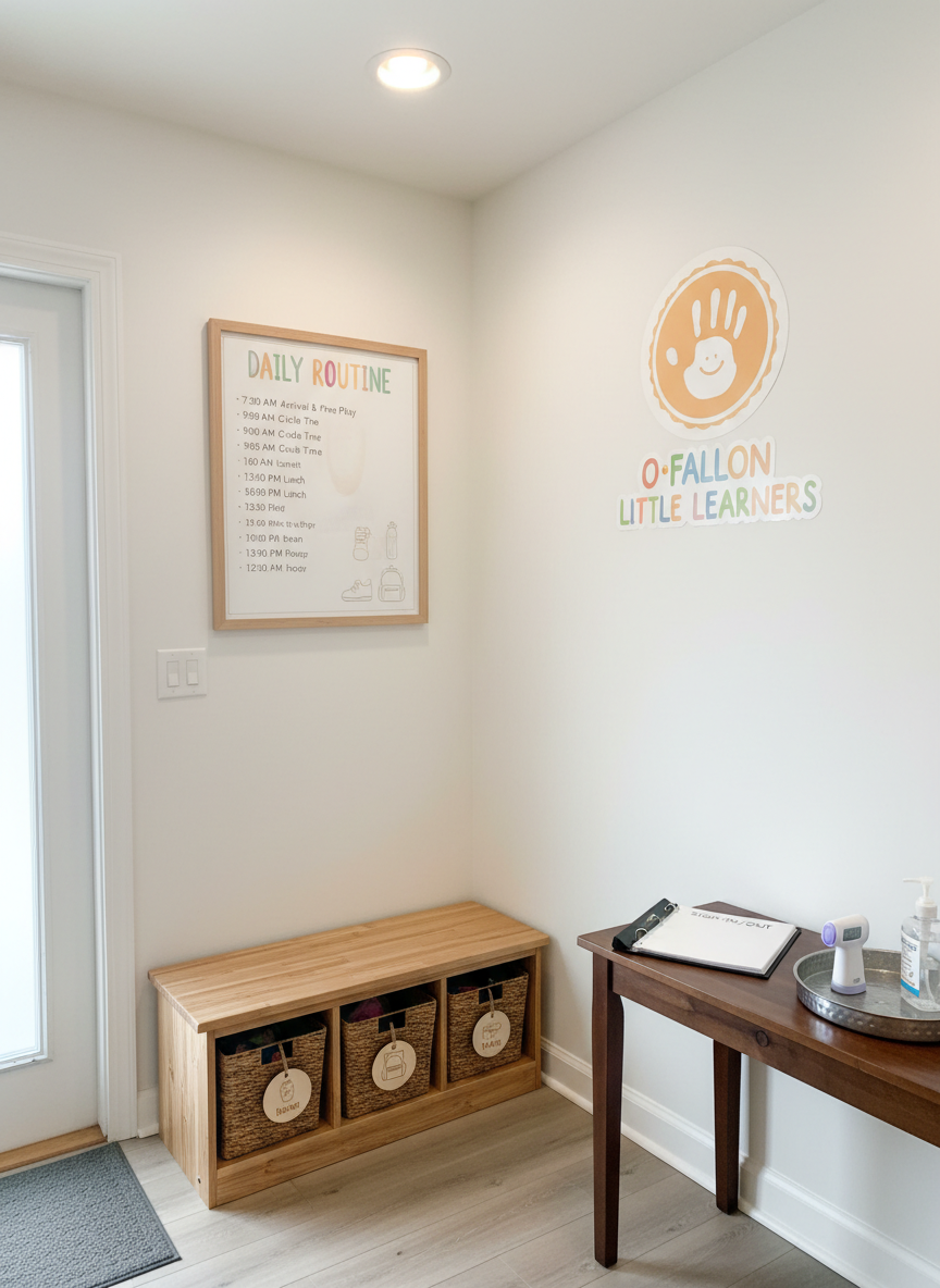 A welcoming entry area of a home daycare in O’Fallon, Illinois, shown in true-to-life photographic style. A small wooden bench with cubbies underneath holds labeled baskets for shoes and personal items, each tag featuring a simple icon for easy recognition. Above the bench, a clean white wall displays a framed, printed daily schedule and a cheerful, professional daycare logo. A narrow console table holds a sign-in binder, a digital thermometer, and a discreet bottle of hand sanitizer on a polished tray. Soft overhead lighting combines with faint natural light from a nearby door window, illuminating the space evenly without harsh shadows. Shot from a slightly elevated angle, the composition captures the full entry zone. The mood is organized, professional, and reassuring, emphasizing safety and clear routines for families.