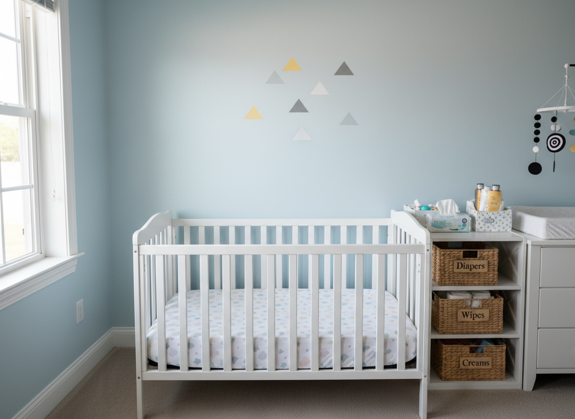 A thoughtfully arranged infant care area in a professional home daycare, captured in photographic realism. A sturdy, white wooden crib with a firm, fitted sheet in a soft pastel pattern stands against a pale blue wall decorated with simple, non-distracting shapes. Nearby, a changing station with neatly stacked diapers, wipes, and labeled storage baskets sits on a smooth, wipeable dresser surface. A small mobile with high-contrast shapes hangs safely above, out of reach. Soft, diffused daylight from a side window illuminates the scene, highlighting cleanliness and order, with minimal, gentle shadows. The composition is centered and symmetrical, shot at a slight downward angle to show the full setup. The mood is hygienic, secure, and soothing, clearly communicating a safe environment for babies as young as six weeks in a licensed home daycare.