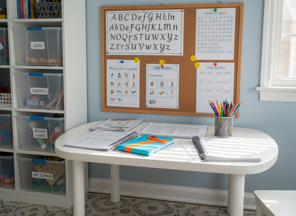 A vibrant after-school homework and activity nook designed for older children in a home daycare, depicted with photographic clarity. A child-sized white study table with rounded corners holds open workbooks, sharpened pencils in a metal cup, and a colorful planner. Above, a corkboard displays neatly pinned educational charts, chore schedules, and a simple daily routine. To one side, organized bins contain STEM kits, board games, and art supplies sorted by type. Afternoon sunlight filters through blinds, creating gentle stripes of light across the tabletop and wall. The camera frames the table at an eye-level angle, with a shallow depth of field softly blurring the far wall to keep focus on the workspace. The mood is productive yet relaxed, emphasizing structure, learning, and enrichment for elementary-aged children in a home-based program.