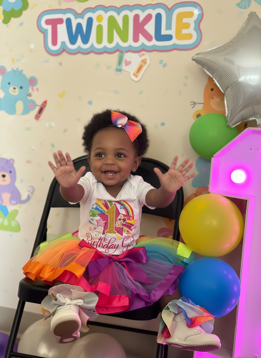 A warm, friendly daycare-style portrait of a smiling baby girl named Twinkle, waving both hands enthusiastically as if greeting parents, with soft, bright, family-friendly colors and a welcoming feel.