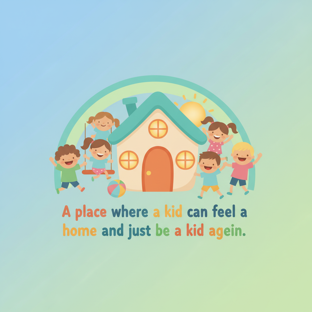 A cute, colorful daycare logo illustration of a small house with a warm front door and windows, happy diverse children playing and waving around the house, soft friendly colors, rounded shapes, and the tagline: “A place where a kid can feel at home and just be a kid again.”